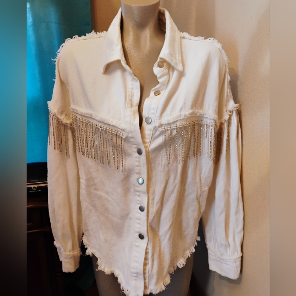 POL Rhinestone Embellished Jean Jacket, Medium